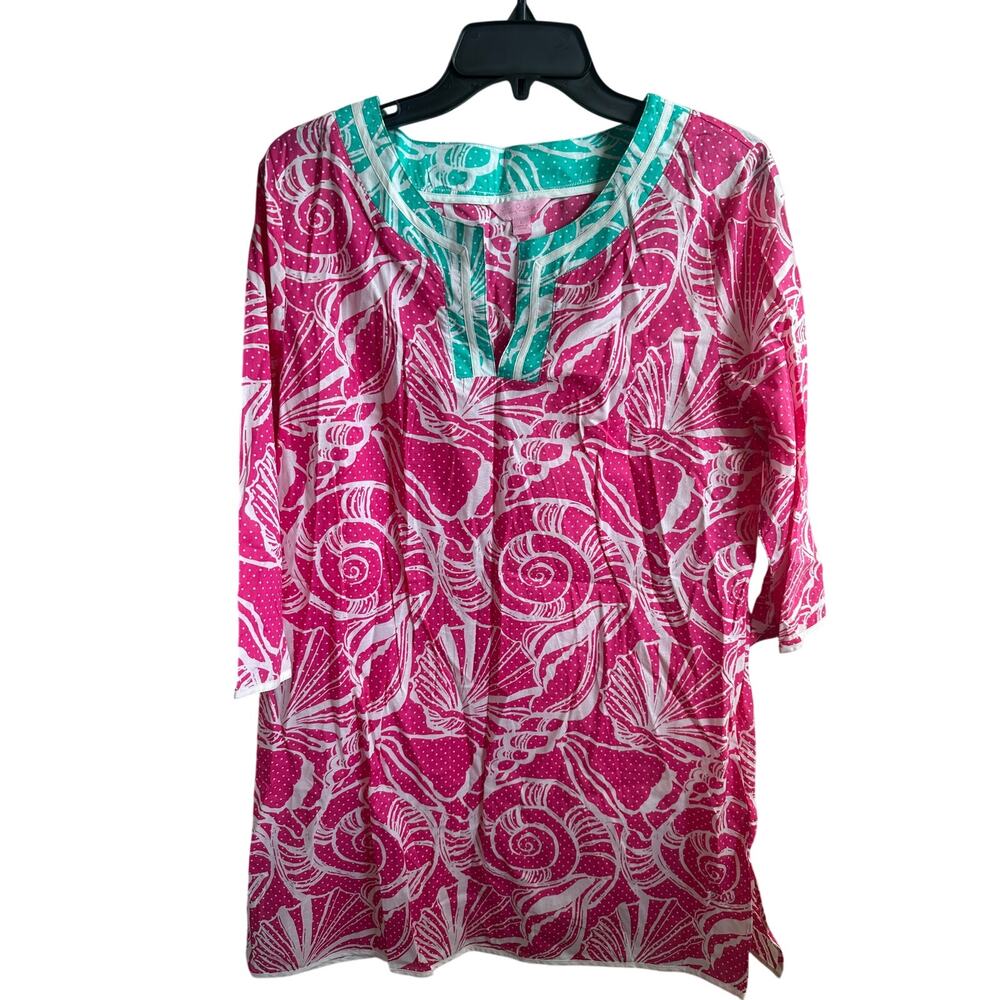 Lilly Pulitzer Dress Large L Pink Seashell Print Turquoise Trim Tunic Resort